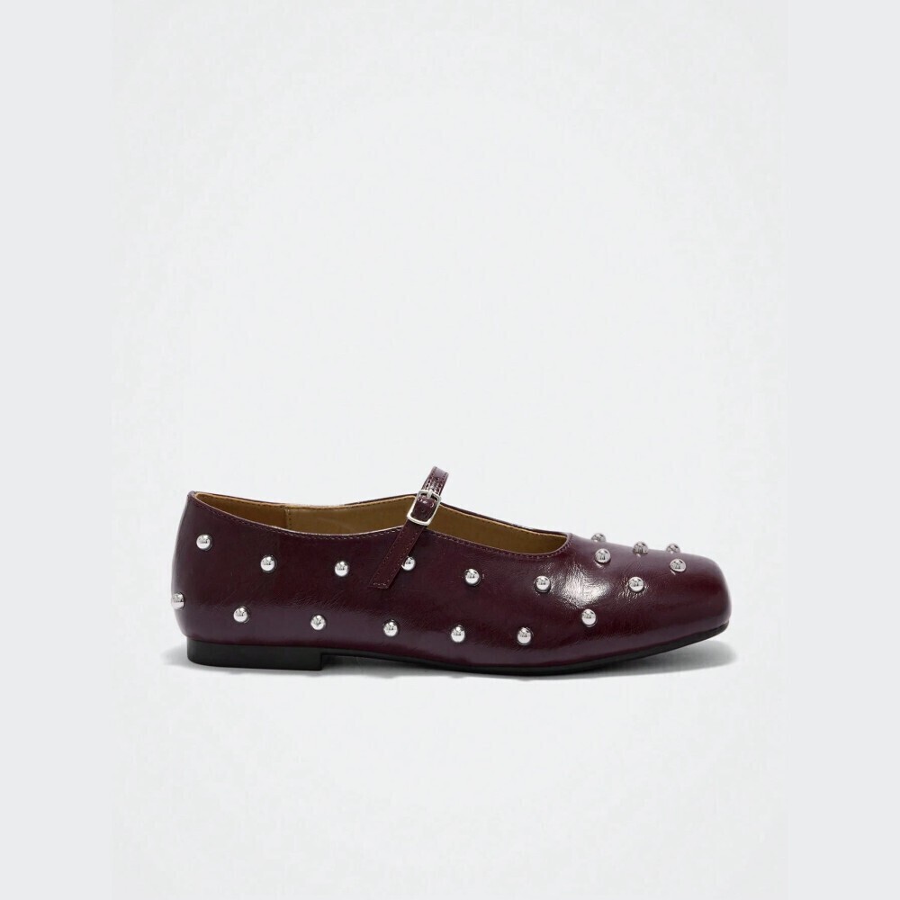 Burgundy Embellished Mary Jane Flats with Silver Stud Detail
